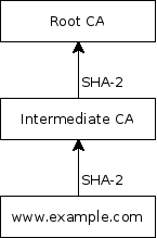 Diagram showing SHA-2 certificate chain with a reused intermediate certificate