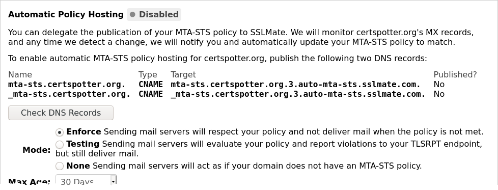 Screenshot of automatic MTA-STS settings